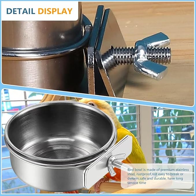2Pcs Stainless Steel Bird Feeding Bowls, Small Bird Feeding Cup, Stainless Steel Parrot Food Bowl Cage with Holder, Parrot Cage Water Feeder, Pet Cage Cup Holder (Dia 7.09", 4.72",)
