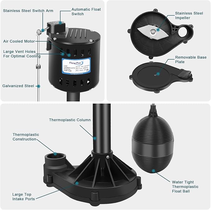Pedestal Sump Pump Thermoplastic Pedestal Pump 1/3 HP 45GPM-Black | Vertical Float Switch, Stainless Steel Impeller, 10 Ft Cord Line, Fits in 12" Diameter Pit, Basement Flood Water Removel