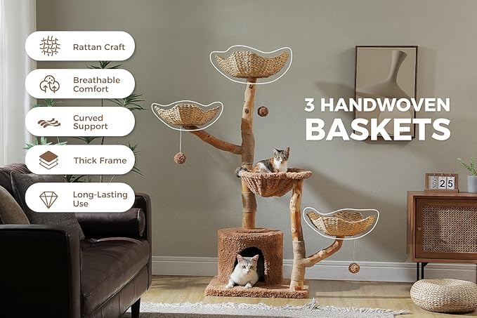 MUTTROS 59" Cat Tree Tower with Real Solid Wood Natural Branch, Modern Cat Tree for Large Cats w/3 Handwoven Wicker Baskets- Luxury Boho Cat Furniture w/Condo & Soft Hammock, Scratching Post, Brown