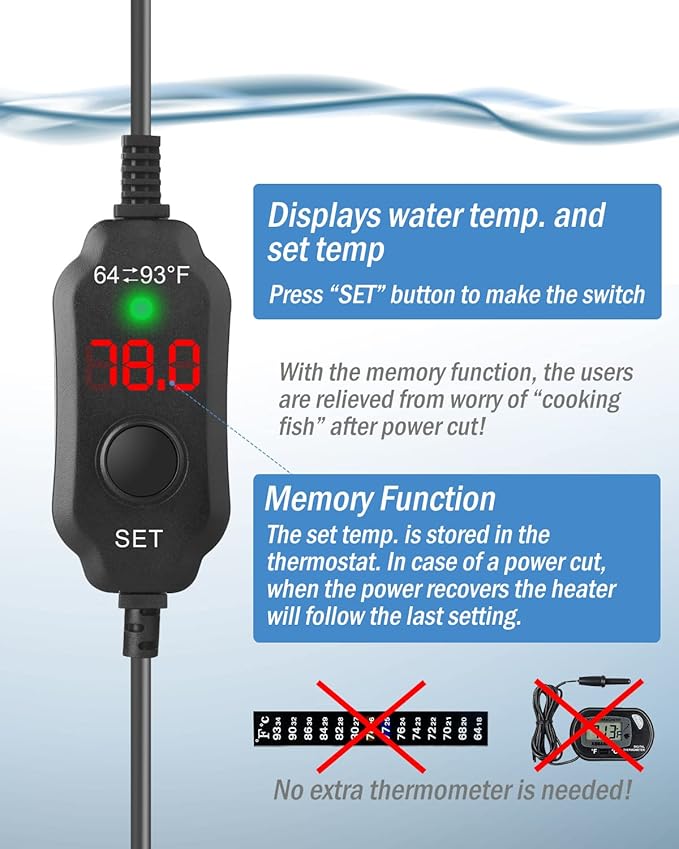 AquaMiracle Aquarium Heater 15W Fish Tank Heater for 1-3 Gal Tanks, LED Digital Display Thermostat Turtle Heater with Out-of-Water Auto Shut-Off, Overheat Protection & Memory Function