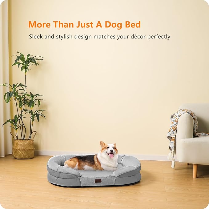 Dwanton Orthopedic Dog Bed for Medium Dogs with Gel Memory Foam, Waterproof Dog Sofa, Washable Pet Bed with Four Sided Bolster Cushion, Removable Cover & Non-Slip Bottom, 36", Light Gray
