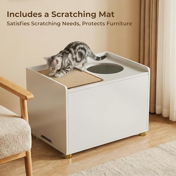 Amunrbrek Top Entry Litter Box Enclosure, Flip Top Cat Litter Box Furniture with Scratch Mat, Stylish Hidden Cat Washroom for Large Cats (White)