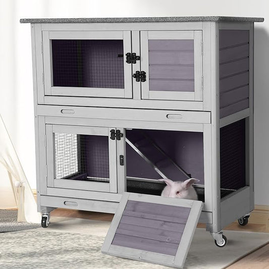 Suumerpety 2-Tier Wooden Rabbit Hutch Indoor Bunny House Guinea Pig Cage with Sliding Plastic Trays Wheels for Easy Cleaning Ventilation Design and Mobility, 36 Inch Small Animal Home (Grey, M)