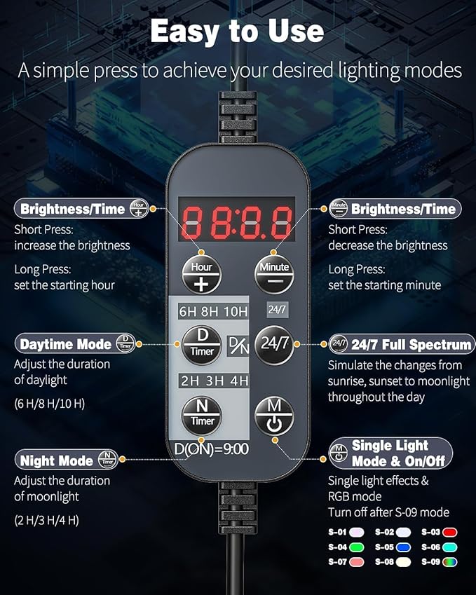 Pawfly 17W 24/7 Aquarium LED Light for 12" to 18" Tanks Extendable Fish Tank Light with Full Spectrum White Blue Red Green Lights with D/N Mode Single Color Effects Timer and Adjustable Brightness