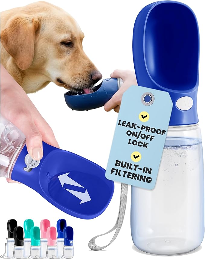 MalsiPree Dog Water Bottle - 19 oz, Navy Blue - One-Hand Leak-Proof Hydration & Pet Water Dispenser - Built-in Travel Bowl & Travel Pet Bowl - for Trail Hiking, Park Visit, Camping & Beach Days