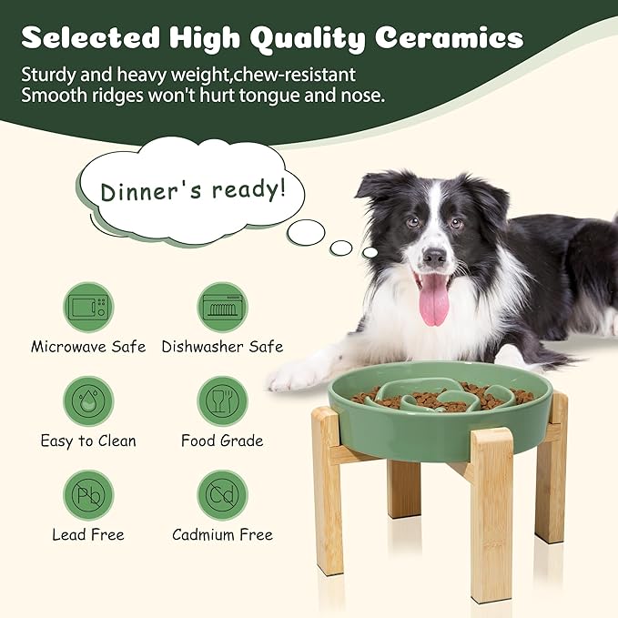 Elevated Slow Feeder Dog Bowl Large Breed, 8.8 Inch Ceramic Slow Eating Bowl with Bamboo Stand, Anti-Choking Raised Maze Design for Medium to Large Dogs, 3.2 Cup, Green
