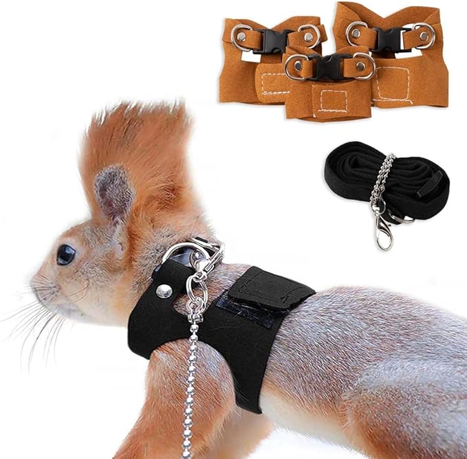 3 Pack Squirrel Harness and Leash Set - Adjustable Traction Rope Strap Anti-Biting Chain,Small Animal Training Walking Vest Leash for Squirrel Gerbil Chinchilla Rat (Black)