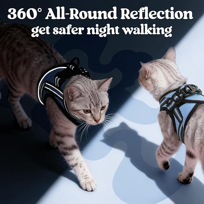 rabbitgoo Cat Harness and Leash Set for Walking Escape Proof, Adjustable Soft Kittens Vest with Reflective Strip for Cats, Comfortable Outdoor Vest, Light Blue, L