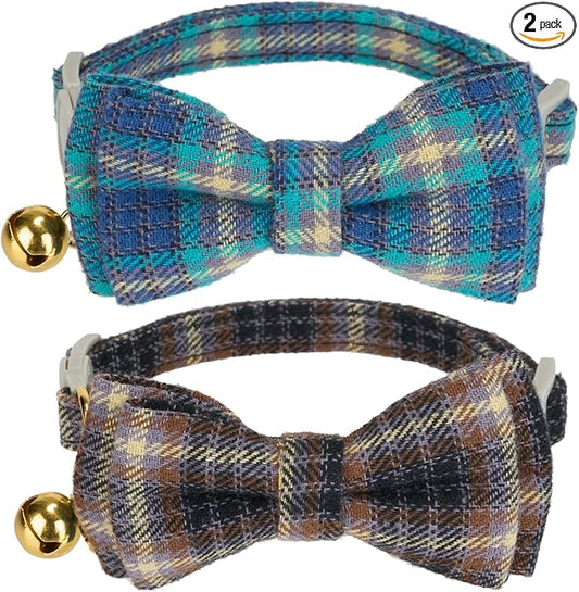 2 Pack Soft Cotton Cat Collars with Bowtie and Bell Breakaway Plaid Cat Kitten Collar(Ocean Blue and Mocha Tweed)