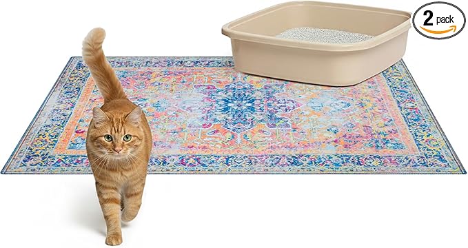 Lovewag Pets Cat Litter Box Mats 2 Pack - Medium 28x41 Machine Washable, Easy Clean, Non-Slip, Waterproof Mats for Indoor Cats - Kitty Litter Mess Control & Urine Floor Protection (Marmalade Sunshine)