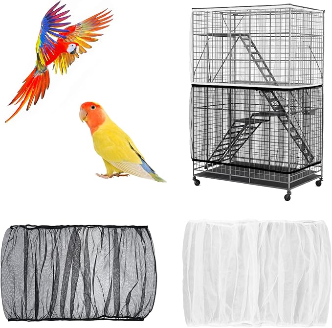 Nogeqi 2PCS Bird Cage Seed Catcher, Nylon Adjustable Elastic Bird Cage Net Cover Skirt Guard, Universal Birdcage Accessories for Parrot Canary Parakeet Cockatiel Budgie Quail (Black, White)