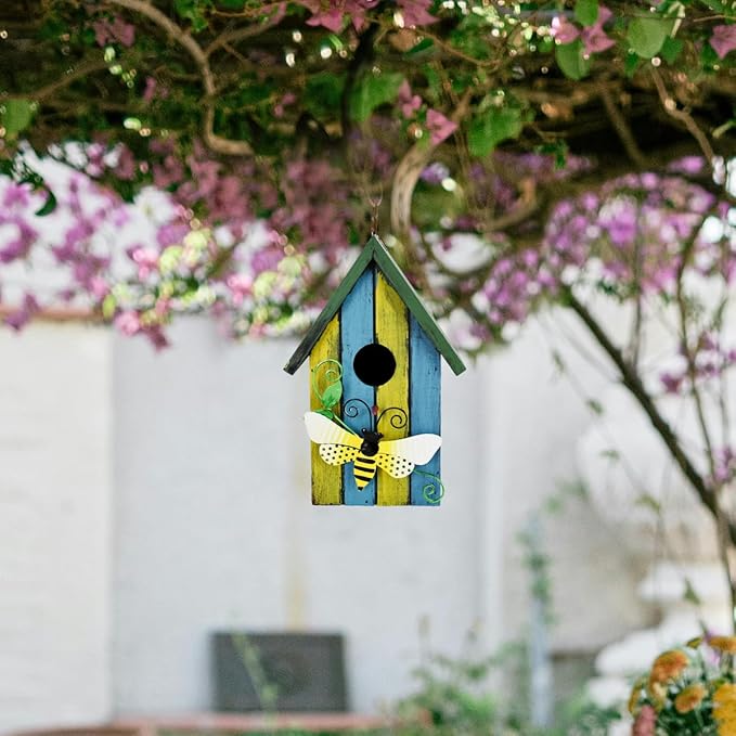 Wood Bird Houses for Outside, Hanging Bluebird House Nest Box Garden Patio Outdoor Decorative Bird Houses Vintage Rustic Wooden Birdhouse Bird Box Home for Finch Wren Chickadee Cardinals(Bee)