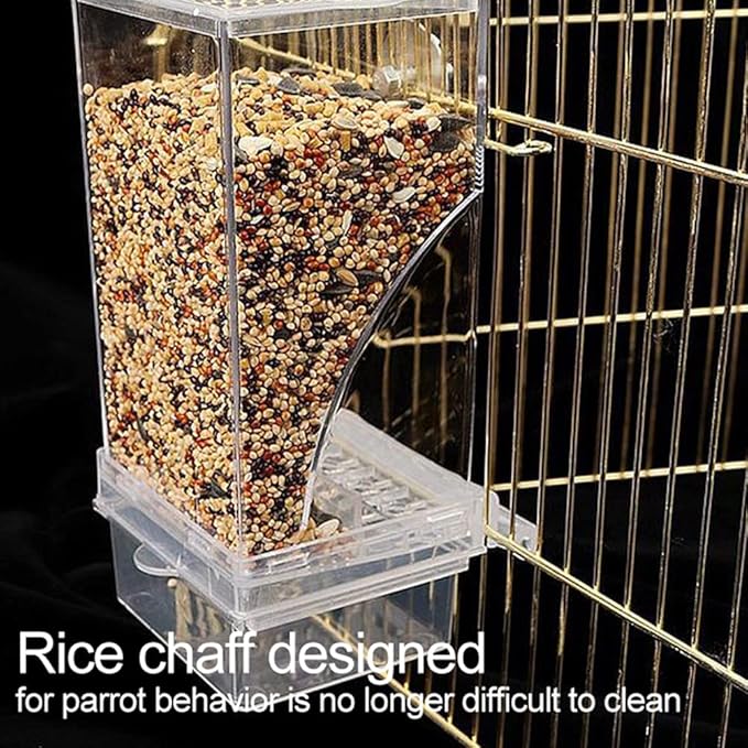 No Mess Bird Feeder Automatic Parrot Feeder Cage Accessories, Clear Parakeet Seed Container Food Feeder for Cage, Cockatiel Finch Lovebirds Budgies Canary (A)