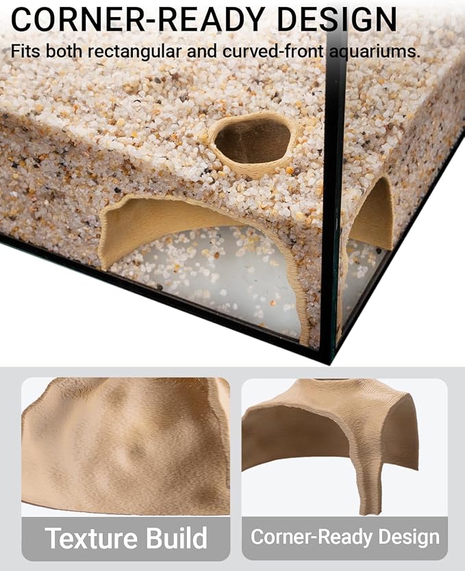 Aquarium Cave – Rock Texture Fish Shelter with 180° Viewing Angle, Betta Fish Tank Accessories, Shrimp & Snails – Aquarium Decor & Tunnel (Sand)