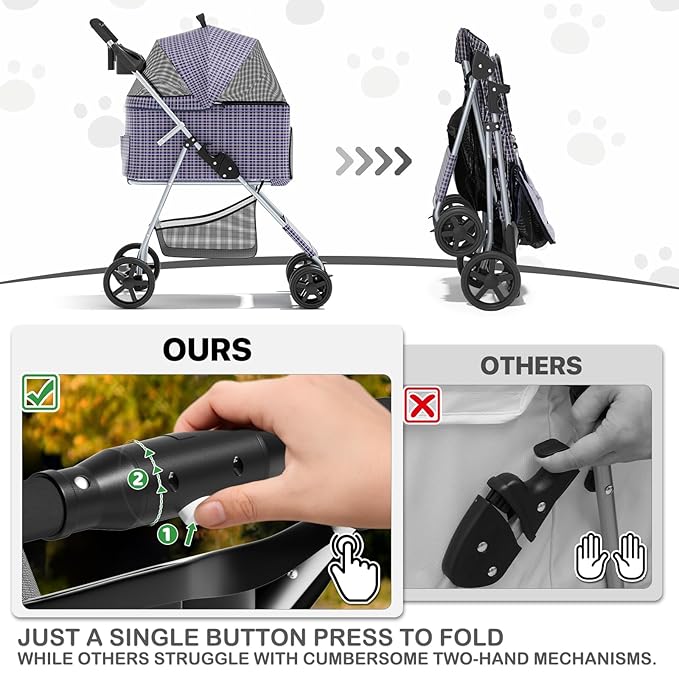 MoNiBloom 3 in 1 Foldable Pet Stroller for Small & Medium Dogs, Detachable Carrier, Car Seat, Push Button Entry, 4-Wheel Jogger for Pets up to 33 lbs, Plaid