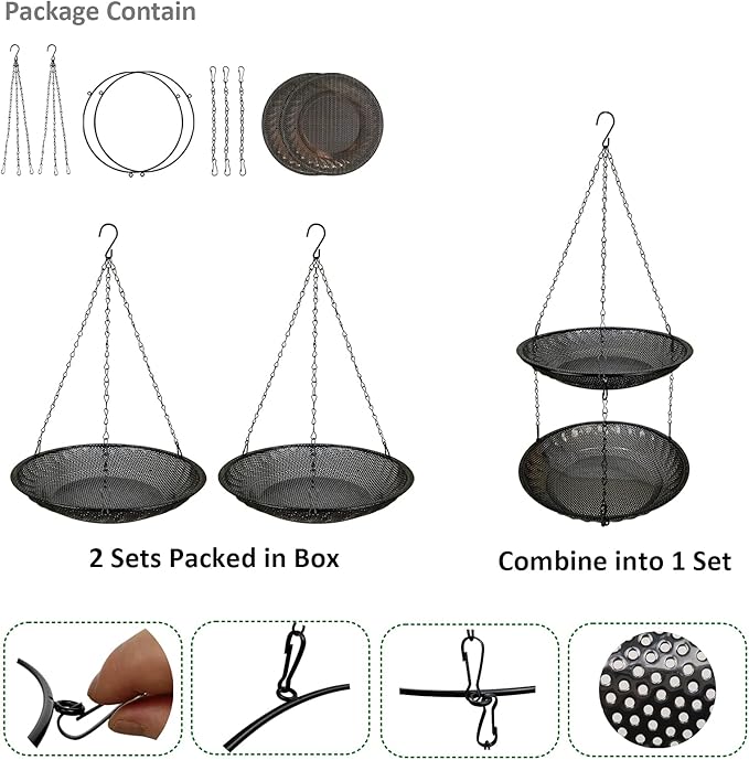CQAIRIOU Premium Hanging Bird Feeder Tray(2 Set),Size 11.8” Large Platform Bird Feeder Metal Mesh Tray,Wild Bird Feeder for Outside Hanging Seed Platform,Combinable Style to Double Layer