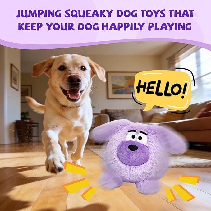 Moving Dog Ball, Jumping Squeaky Interactive Dog Toys, Plush Chew Toys for Medium/Large Dogs, USB Rechargeable (Purple)