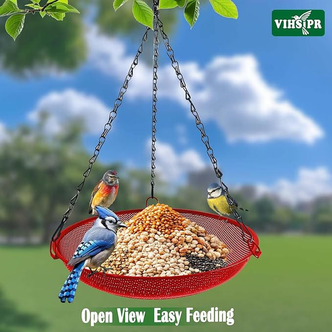 Hanging Bird Feeder for Outdoors – 12 in Platform Bird Feeder, Metal Mesh Seed Tray for Wild Birds, Red
