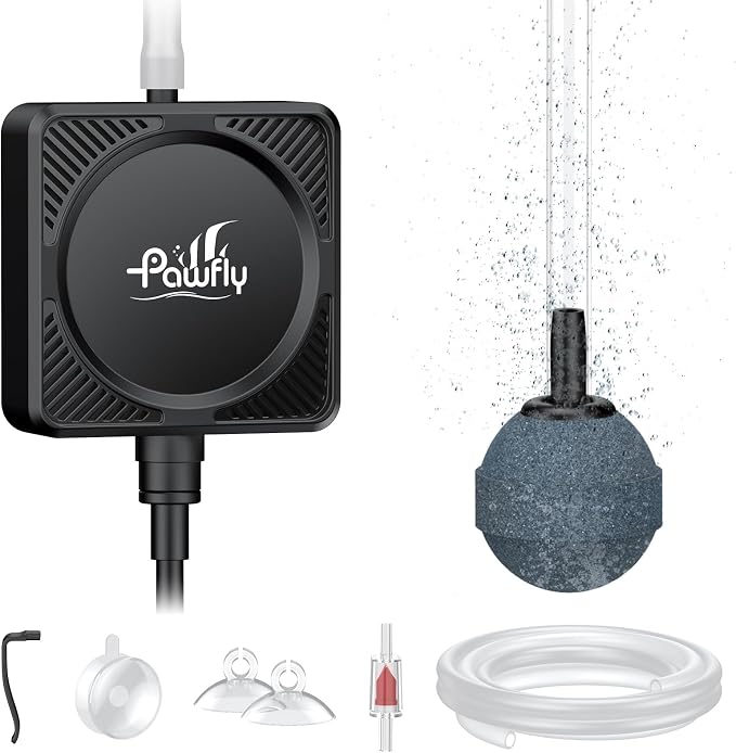 Pawfly Mini Aquarium Air Pump, Ultra Quiet Oxygen Aerator Kit for 1-15 Gallon Fish Tanks with Air Tubing, Air Stone, Check Valve & Suction Cups