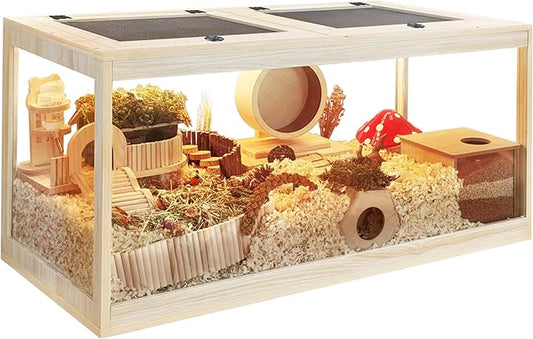 PROLEE Hamster Cage with Metal Mesh Top, Chewproof Wooden Guinea Pig Cages, Mice and Rat Habitat,Large Hamster Cages with Acrylic Sheets Solid Built (40X20X20 Inch)