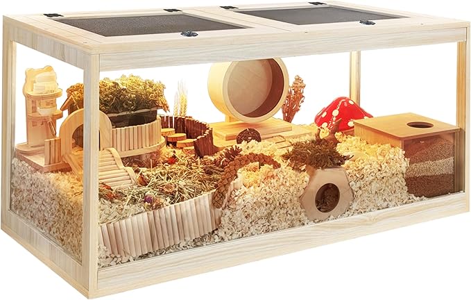 PROLEE Hamster Cage with Metal Mesh Top, Chewproof Wooden Guinea Pig Cages, Mice and Rat Habitat,Large Hamster Cages with Acrylic Sheets Solid Built (32X16X16 Inch)