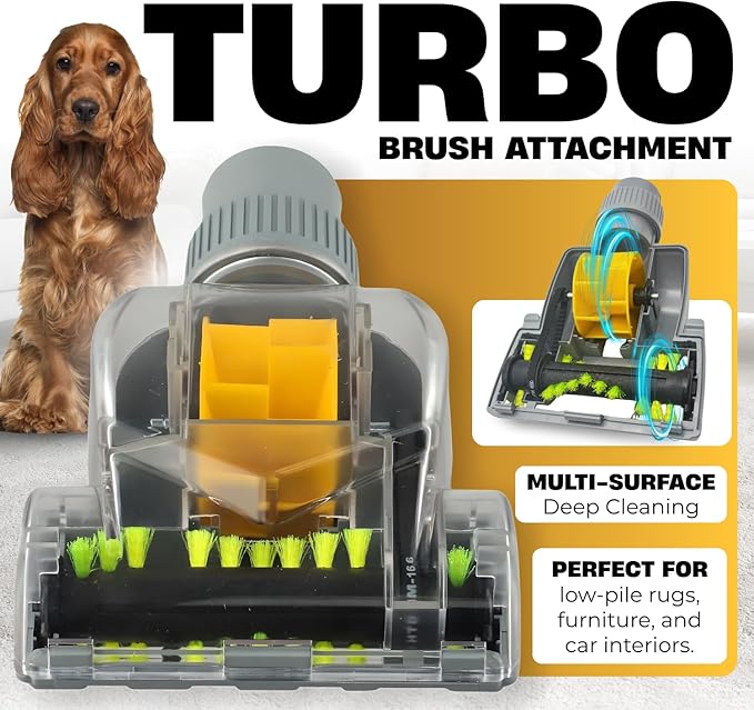 1-1/4'' Vacuum Turbo Brush Attachment for Pet Hair Removal – Fits Shop Vacs 1.25”(32mm) Hoses with Adapter– Air Driven Turbo Brush Compatible with Most Vacuum Cleaners Outer Diameter Hose 1-1/4