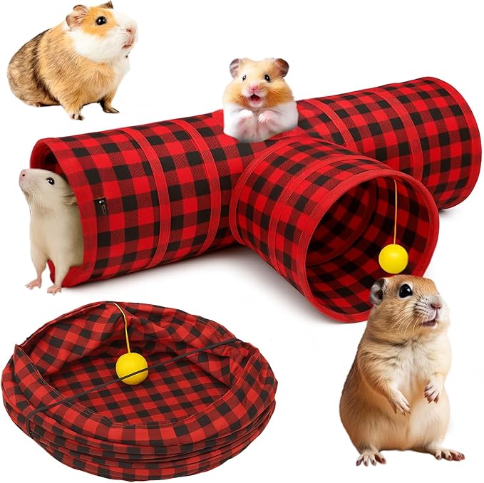 Tunnels with 3-Way Entrance - Cozy, Washable Guinea Pig Hideout - Interactive Cage Toys (Red Plaid)