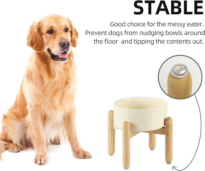 Havniva Ceramic 7.3inch Raised Dog Bowl Set, Elevated with Wooden Stand, Food and Water Bowl for Medium Breed Dogs, Weighted Dog Dishes, Pet Feeder(Light Yellow)