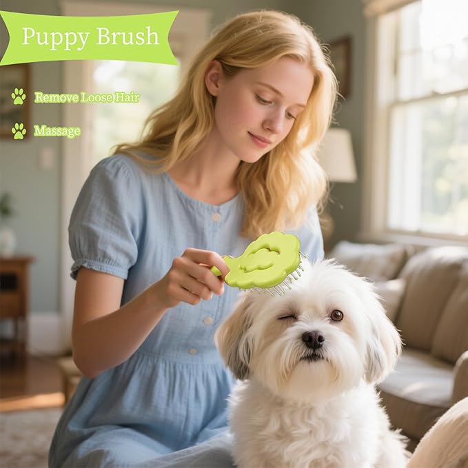 Cloud-Shaped Soft Bristle Small Dog Brush - Hollow Back Design for Easy Grooming - Ideal for Yorkie, Shih Tzu, Maltese Maltipoo Pomeranian- Puppy Essentials , Pet Hair Removal Essentials (Green)