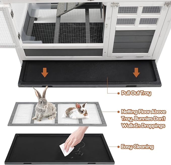 Rabbit Hutch Indoor Rabbit Cage with Chew-Proof Ramp & Leak-Proof Trays Urine Guards/Netting Floor,Doors.37 Wooden Rabbit Cage with Wheels for Rabbits, Guinea Pigs Small Animal