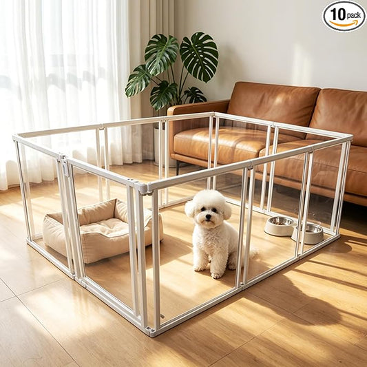 NiceTCU 24" H Acrylic Dog Playpen Indoor, Metal Frame Clear Dog Playpen with Door - 10 Panels, Easy Assemble Pet Fence, DIY Foldable Pet Pen for Ducks Puppy Rabbit Small & Medium Pets- 10Pcs White