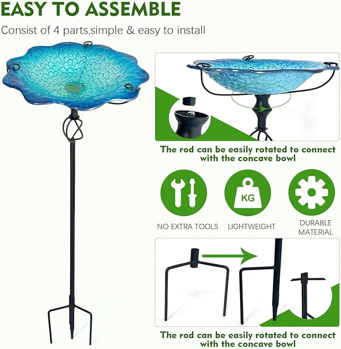 HONGLAND Bird Baths for Outside,11" Small Blue Glass Birdbaths Outdoor,Detachable Bird Feeder with Metal Stake for Garden Yard Patio Decor,30" Height