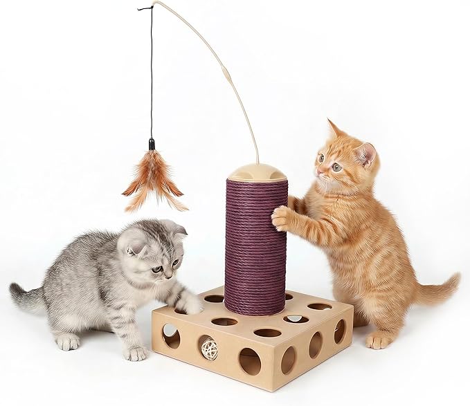Cat Scratching Board 3 in 1 with Scratching Post, Rotating Teaser Wand & Bell Ball, Cat Nail File Enrichment Box for Indoor Cats Kitten, Interactive Cat Toys for Boredom Relief