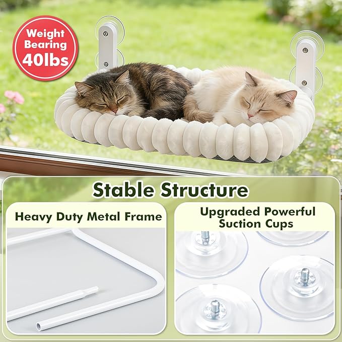 Zoratoo 2PC Cat Window Perch with Bolster Foldable Cat Hammock Cushion Bed for Window with Metal Frame, Cloud-Cuddle Cordless Window Resting Seat for Indoor Cats (Cushion Bed, White-M)