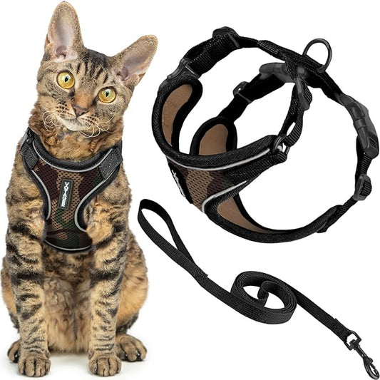 Voyager Escape-Proof Step-in Lock Cat Harness & 5ft Neoprene-Handle Leash Set All-Weather Mesh with Reflective Stitching for Small to Large Cats by Best Pet Supplies, Army (327), XXS