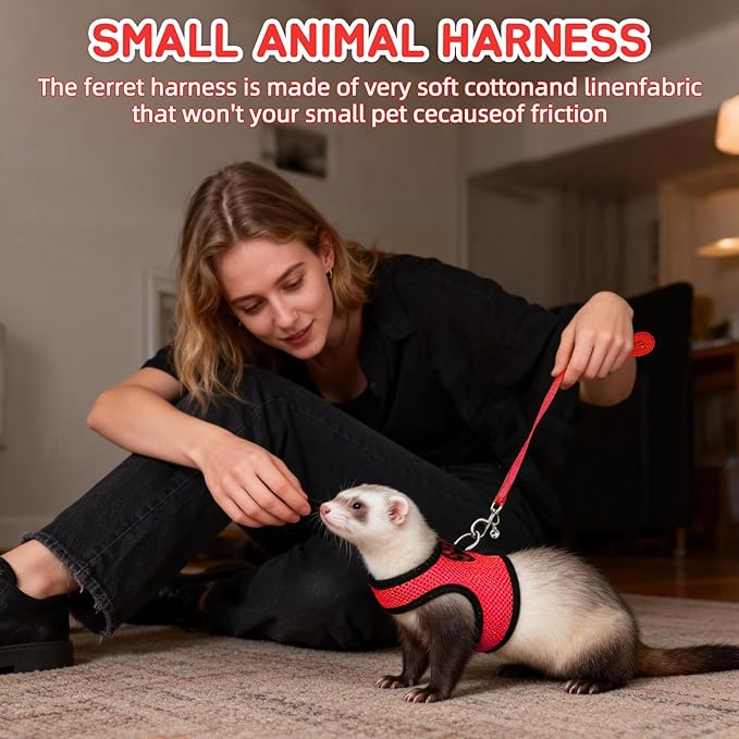 Rypet Small Animal Harness and Leash - Soft Mesh Pet Harness with Safe Bell, No Pull Comfort Padded Vest for Small Pet Red+Blue S