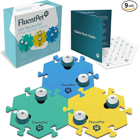 FluentPet Speak Up! Get Started Kit with Clearer Upward-Facing Sound | 6 Recordable Buttons w/Pre-Installed Batteries & 3 HexTile Button Mats | Training Dog & Cat Communication Buttons