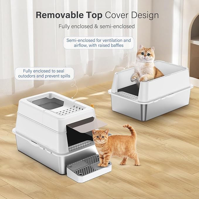 Aphyxen Stainless Steel Litter Box with Lid, XL Extra Large Enclosed Cat Litter Box Fits All Cats Modular Design with Flip Cover, Top Entry Metal High Sided Cat Box & Pedal & Scoop (White)
