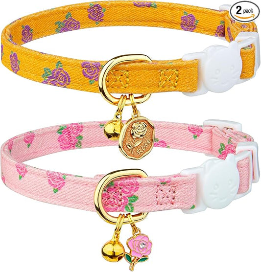 2 Pack Cotton Breakaway Cat Collar Yellow and Pink Rose Pendant Cute Kitten Cat Collar with Bell