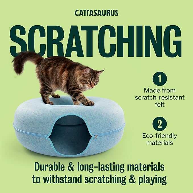 Cattasaurus Peekaboo Cat Cave Donut for Multiple & Large Cats up to 30-45 lbs, 3-in-1 Self Warming Cat Bed, Tunnel & Scratcher for Indoor Cats, Washable & Detachable Small Dog Bed (Blue, Jumbo)