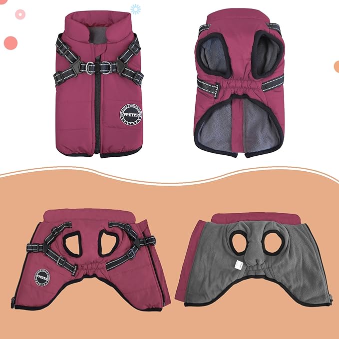 Dog Winter Coat,Warm Jacket Paded Fleece Dog Vest with Built in Harness,Windproof Reflective Cozy Adjustable Snow Pet Coat Clothes with Zipper for Small Medium Dogs