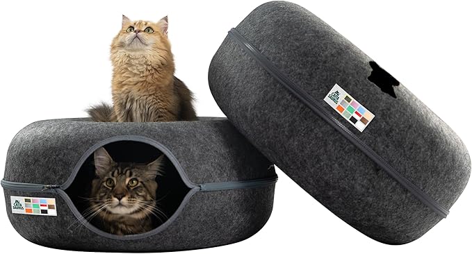 Cattasaurus Peekaboo Cat Cave Donut for Multiple & Large Cats up to 30-45 lbs, 3-in-1 Self Warming Cat Bed, Tunnel & Scratcher for Indoor Cats, Washable & Detachable (Dark Gray + Dark Gray, Large)