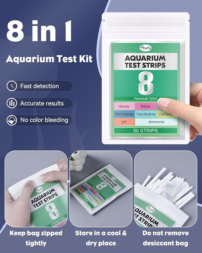Pawfly 8 in 1 Aquarium Test Strips for pH Chlorine Nitrate Carbonate Hardness Total Alkalinity & Ammonia Water Quality Freshwater Saltwater Test Kit, 50 Strips Fish Tank Water Testing kit