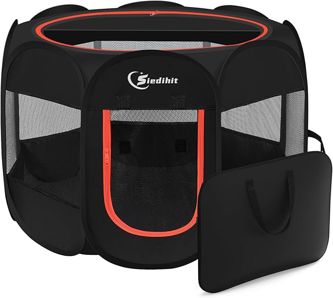 Siedihit Black Dog Cat Playpen, Puppy Pet Playpen Indoor for Small Dog Crate Tent Cage Outdoor, Portable Pop Up Dogs Enclosure Kennel with Carrying Case for Dogs/Cats/Rabbits
