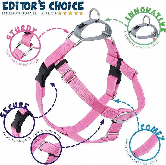 2 Hounds Design Freedom No Pull Dog Harness, Adjustable Harness, Easy Walking & Comfortable Control, Fits Small, Medium & Large Dogs, Solid Colors, Made in USA, 5/8" XS, Rose