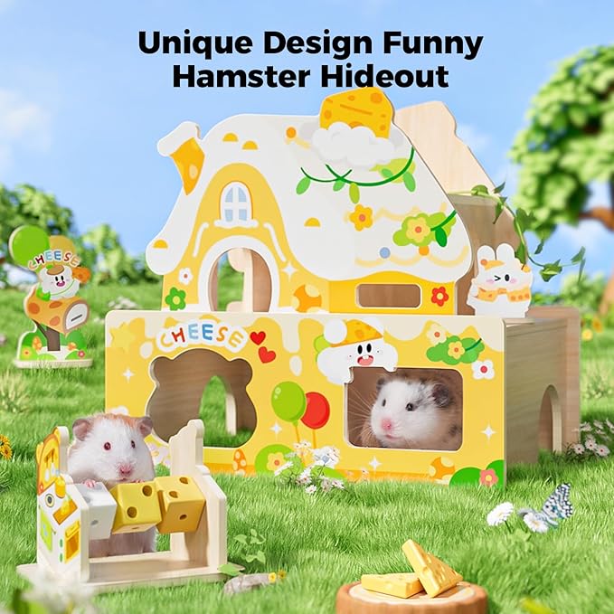 mini&moe Hamster Hideout - Hamster Houses and Hideouts with Window Small Animals Cage Accessories with Paltform for Rat Gerbils and Other Small Pets