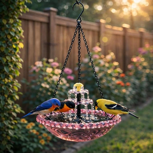 Solar Fountain for Bird Bath，Solar Cascade Hanging Bird Bath Fountain，Large Humming Birds Baths Fountains, with Solars Pump & Glass Bowl, for Outdoor, Gardens (Pink)
