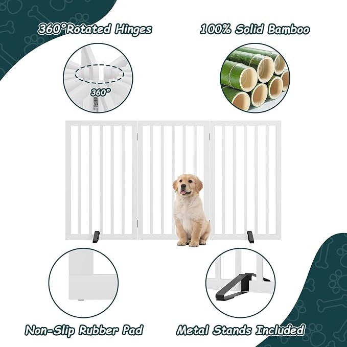 Semiocthome Freestanding Dog Gate 32" Tall, 3-Panel Foldable Dog Gates for Doorways Stairs House, Pet Gate Indoor with 2 Metal Stands, White