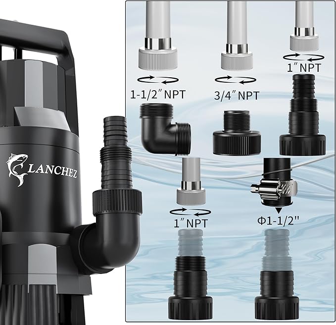 LANCHEZ 1.6HP 6000GPH Sump Pump, High Flow Submersible Water Pump with Float Switch, Automatic Transfer Water Pump for Swimming Pool Basement Flooded Pit Sewage Sink Tub, Black
