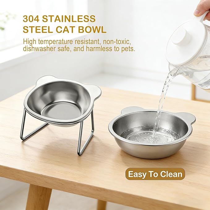 Stainless Steel Raised Cat Food Bowl for 2 Bowls, 5.9-Inch Replaceable Cat Bowl, Pack of 2 Indoor Cat Dishes for Food and Water (Dishwasher Safe)